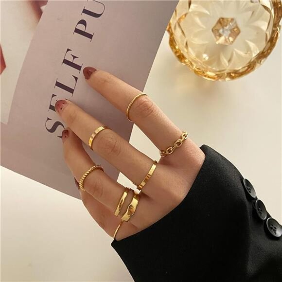 Gold Knuckle Rings Set – Snake Chain, Vintage BOHO Midi Rings, Mixed Sizes - Picture 4 of 5